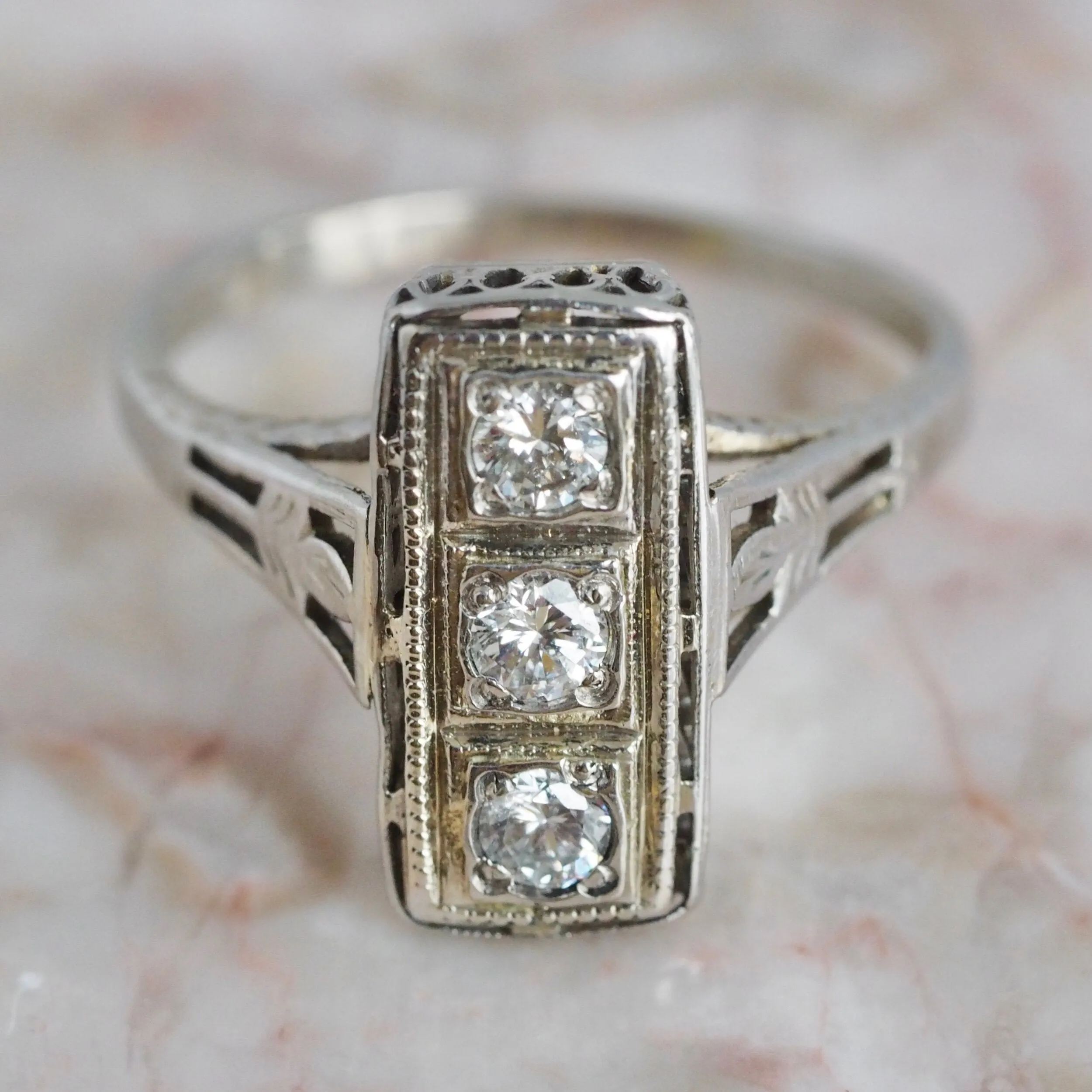 Art Deco 18k White Gold Diamond Trilogy Ring