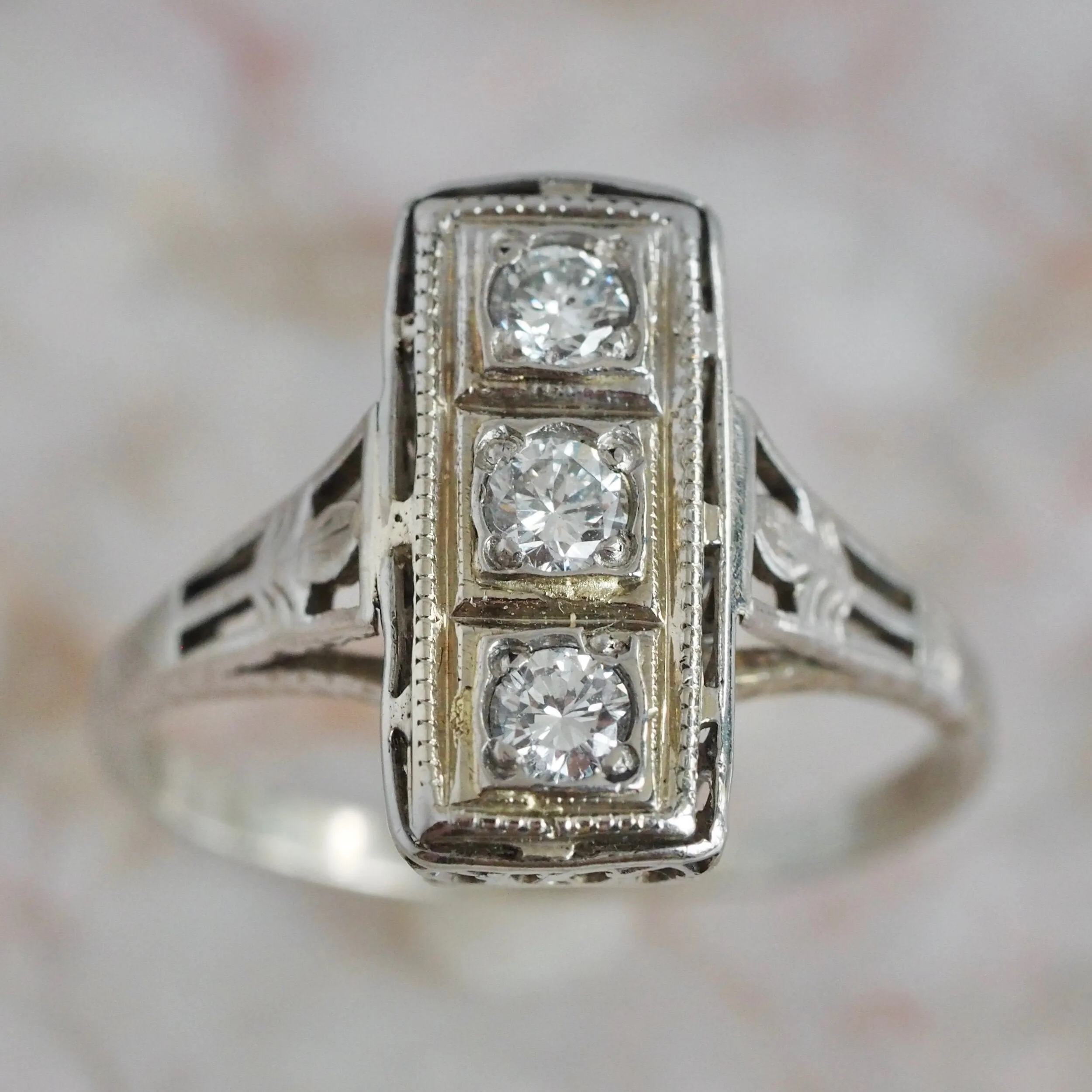 Art Deco 18k White Gold Diamond Trilogy Ring