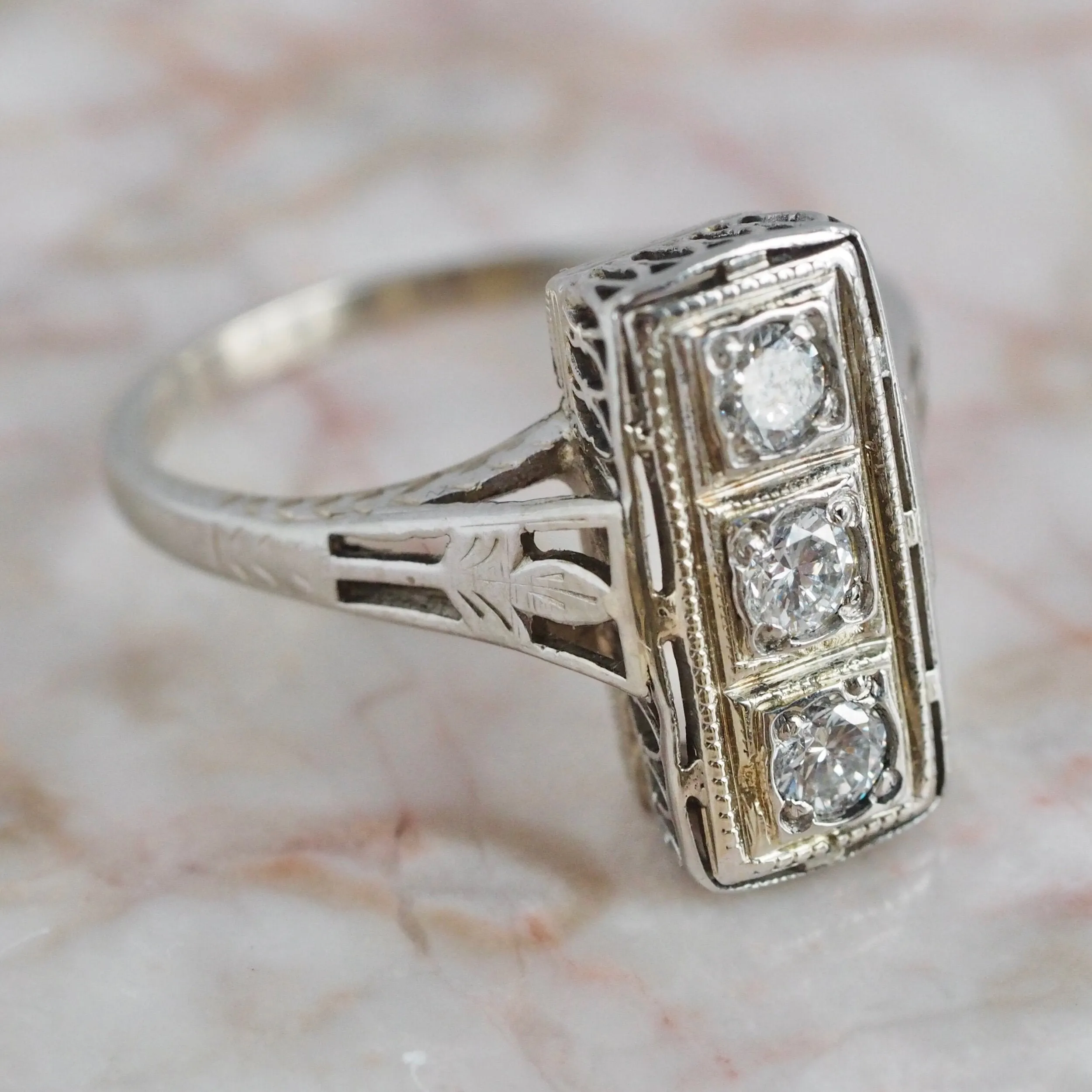 Art Deco 18k White Gold Diamond Trilogy Ring