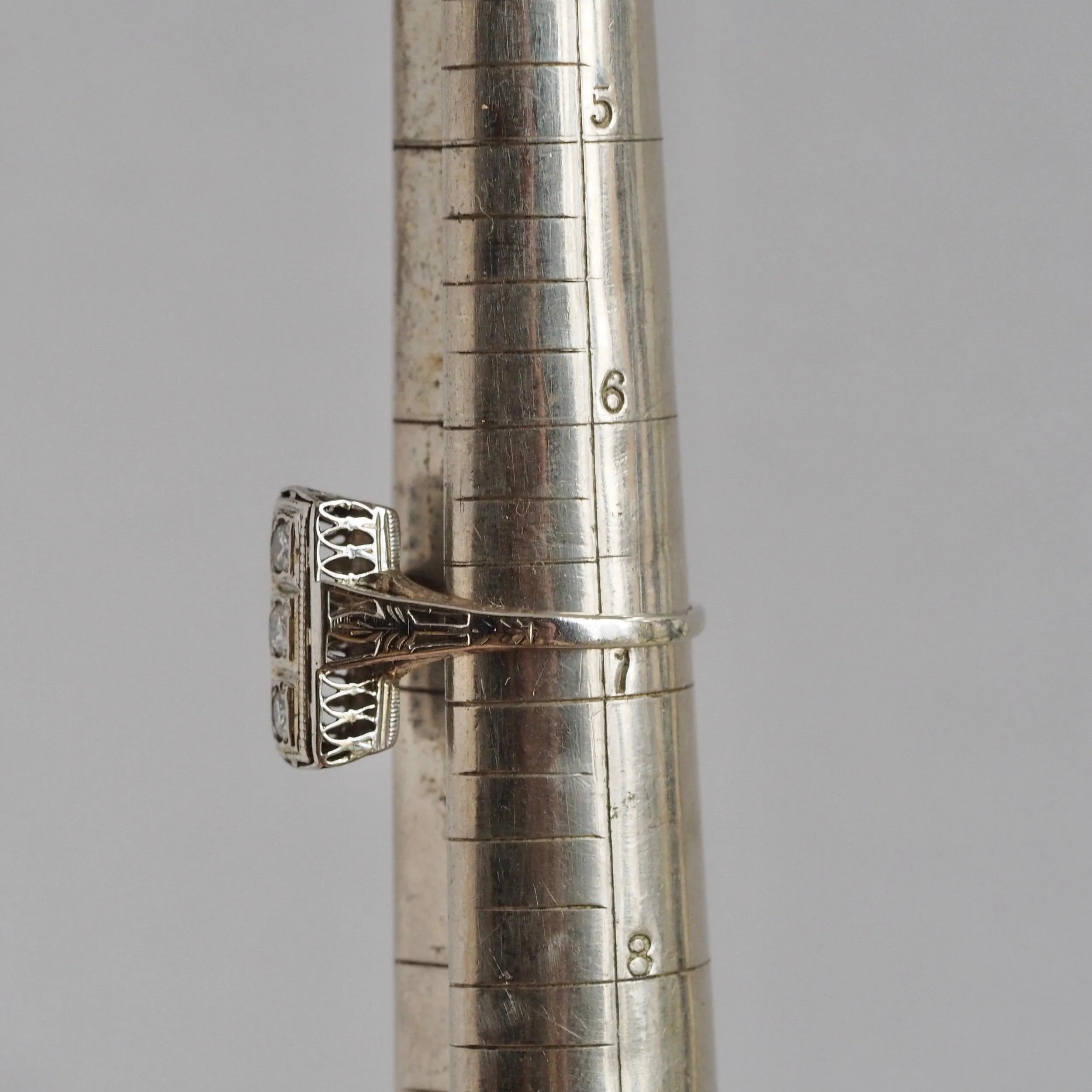 Art Deco 18k White Gold Diamond Trilogy Ring