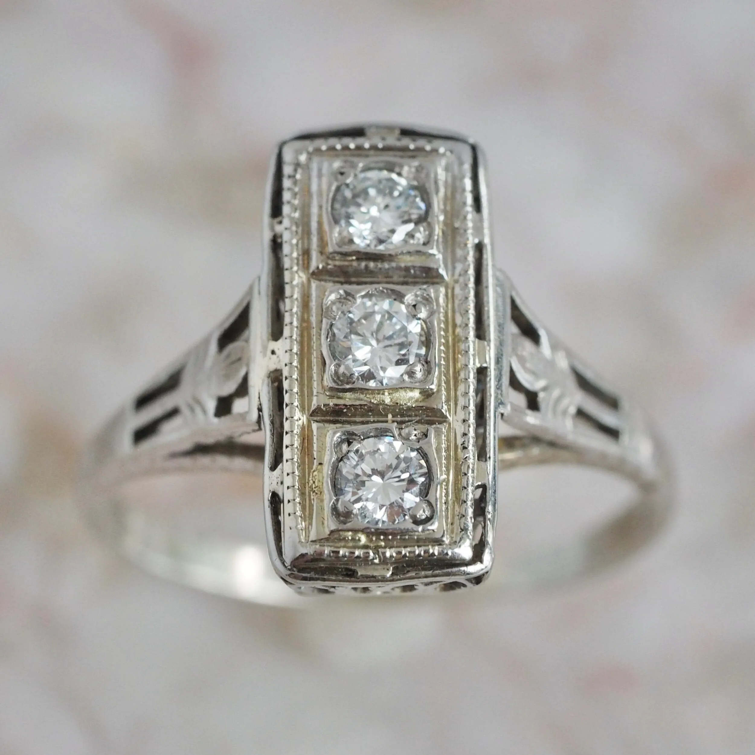 Art Deco 18k White Gold Diamond Trilogy Ring