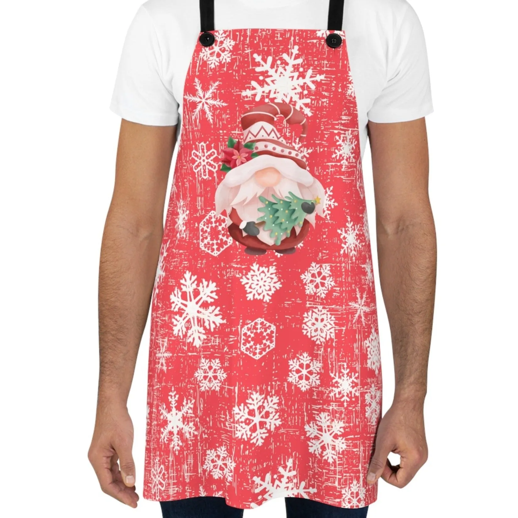 Christmas Gnome on Red & White Snowflake Apron