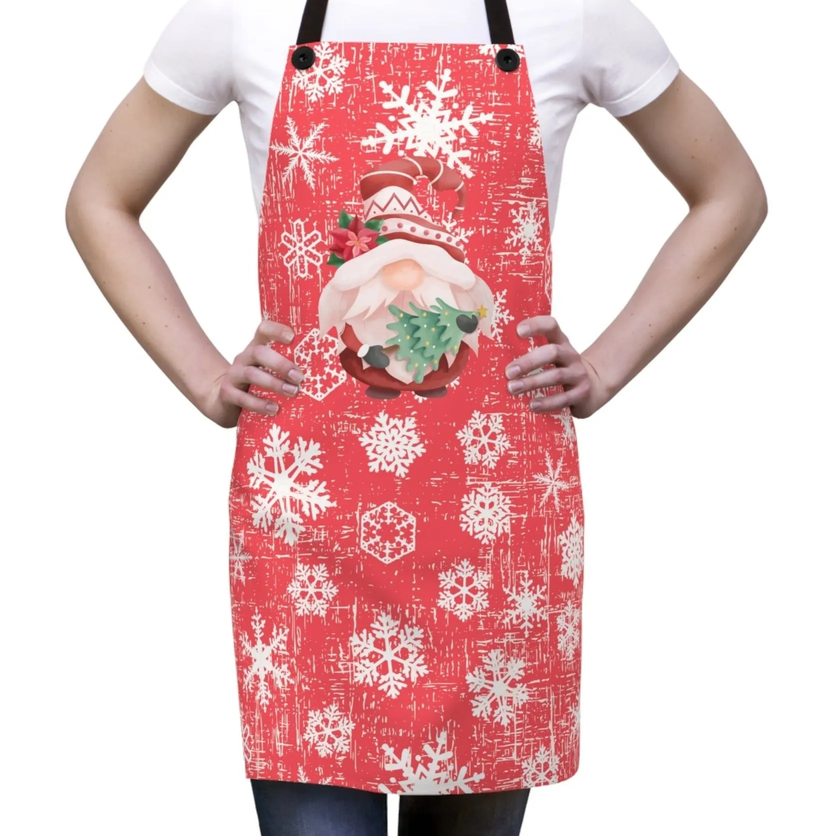 Christmas Gnome on Red & White Snowflake Apron