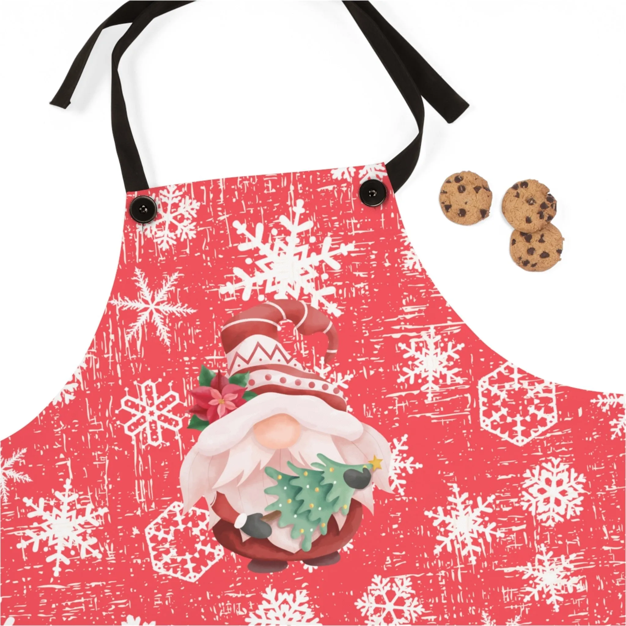 Christmas Gnome on Red & White Snowflake Apron