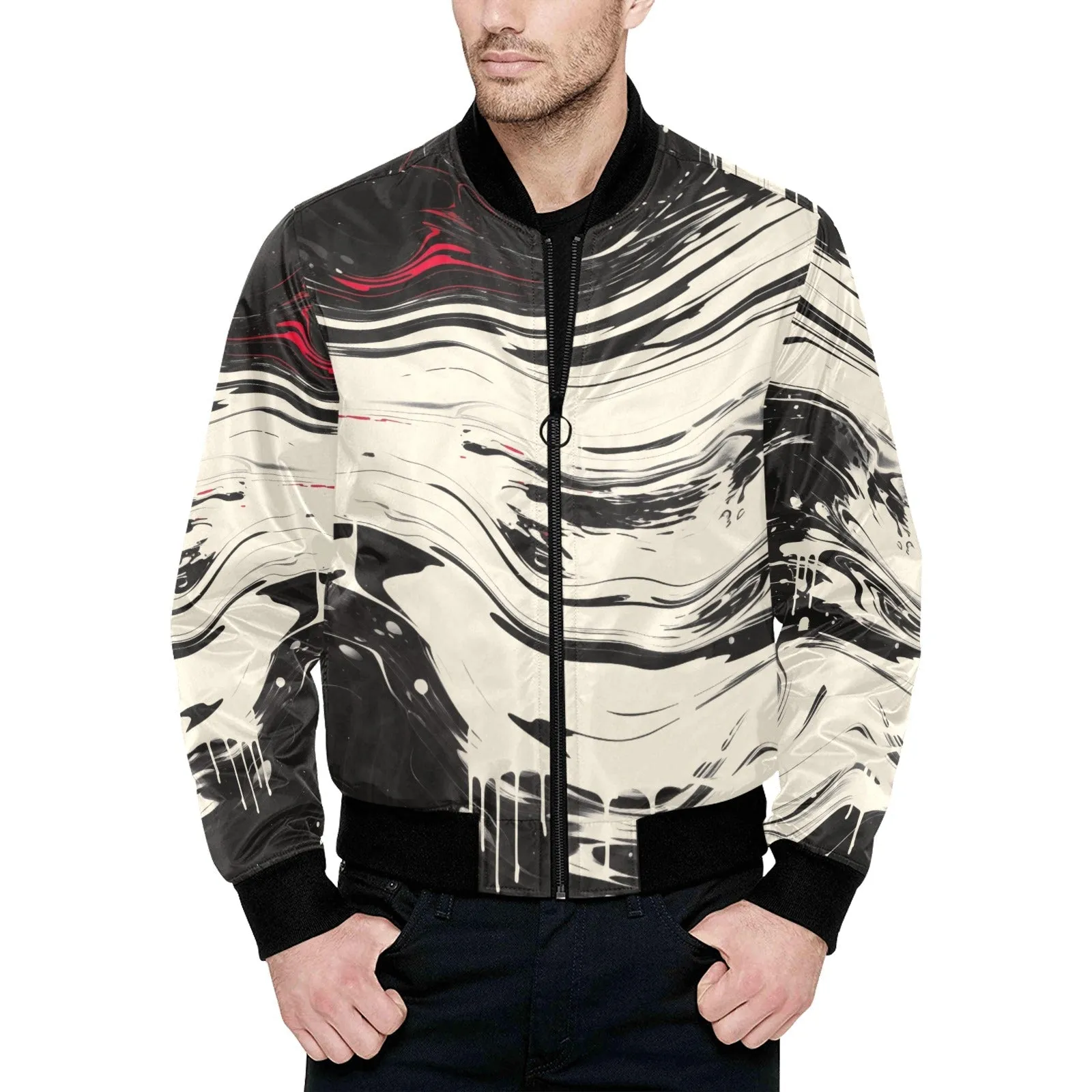 Japanese Abstract Paint Trail Quilted Bomber Jacket