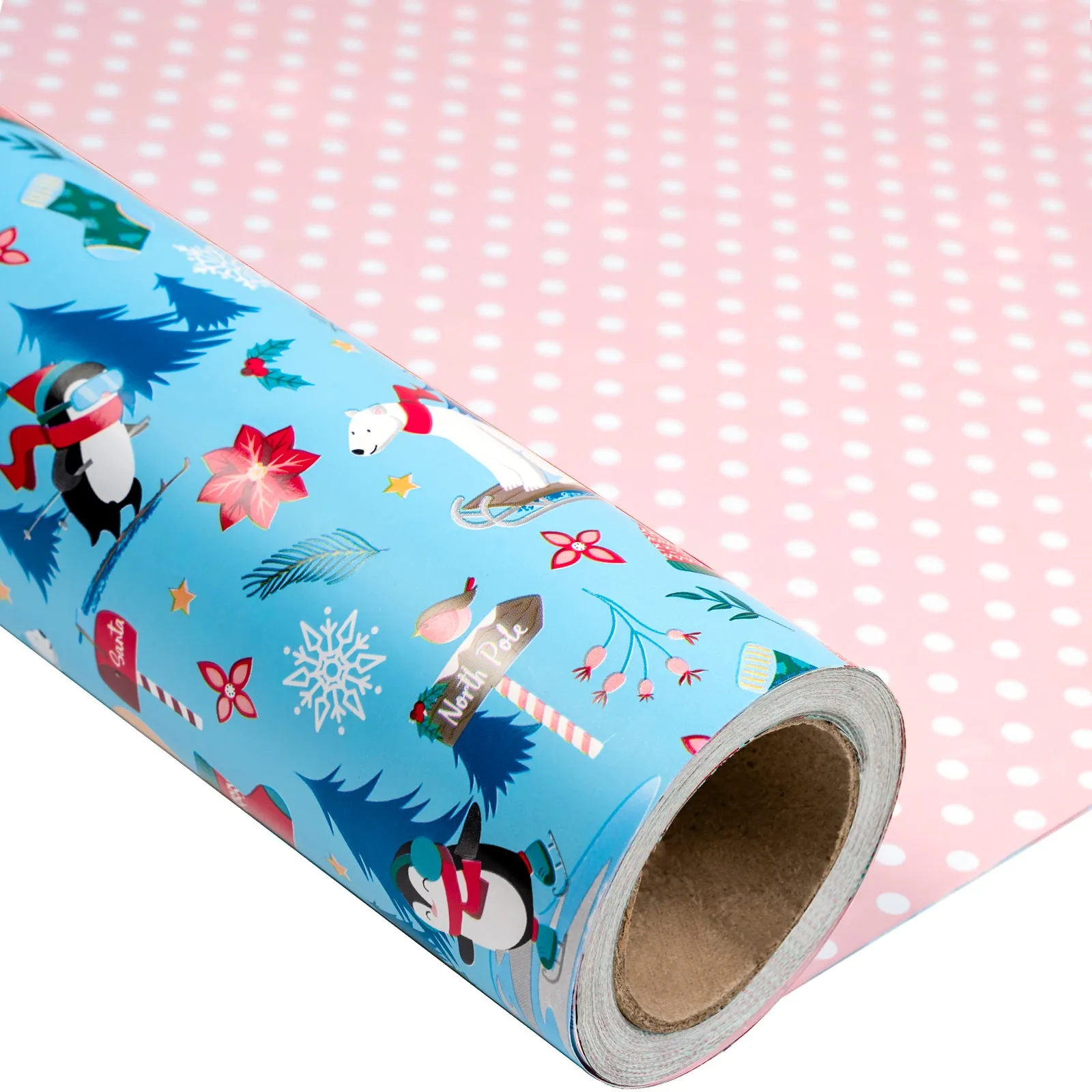 Northern Christmas Wrapping Paper Roll with White Polka Dots Printed on Pink Background