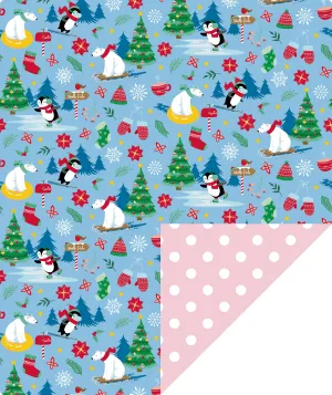 Northern Christmas Wrapping Paper Roll with White Polka Dots Printed on Pink Background