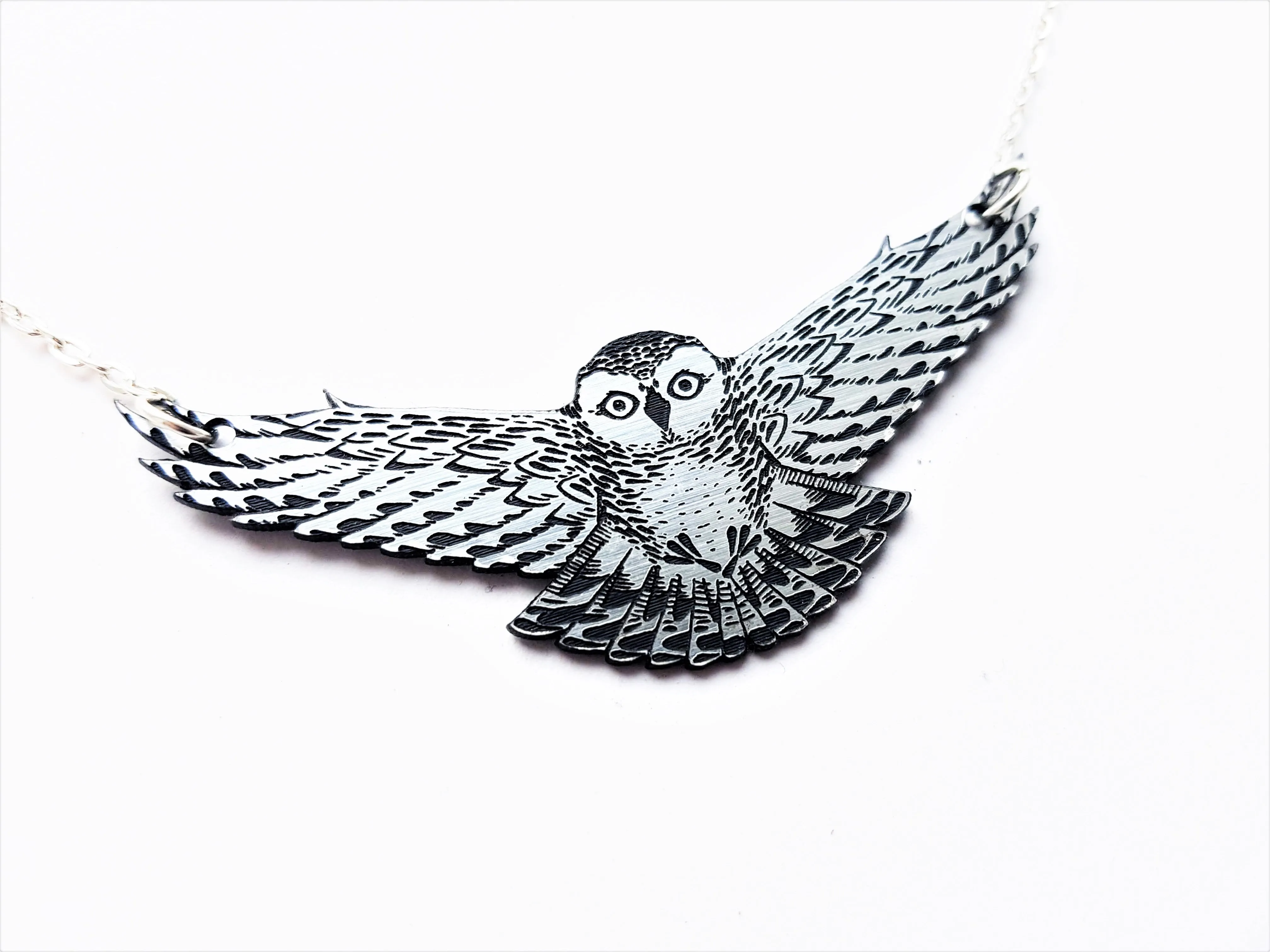 Silver Swooping Snowy Owl Necklace