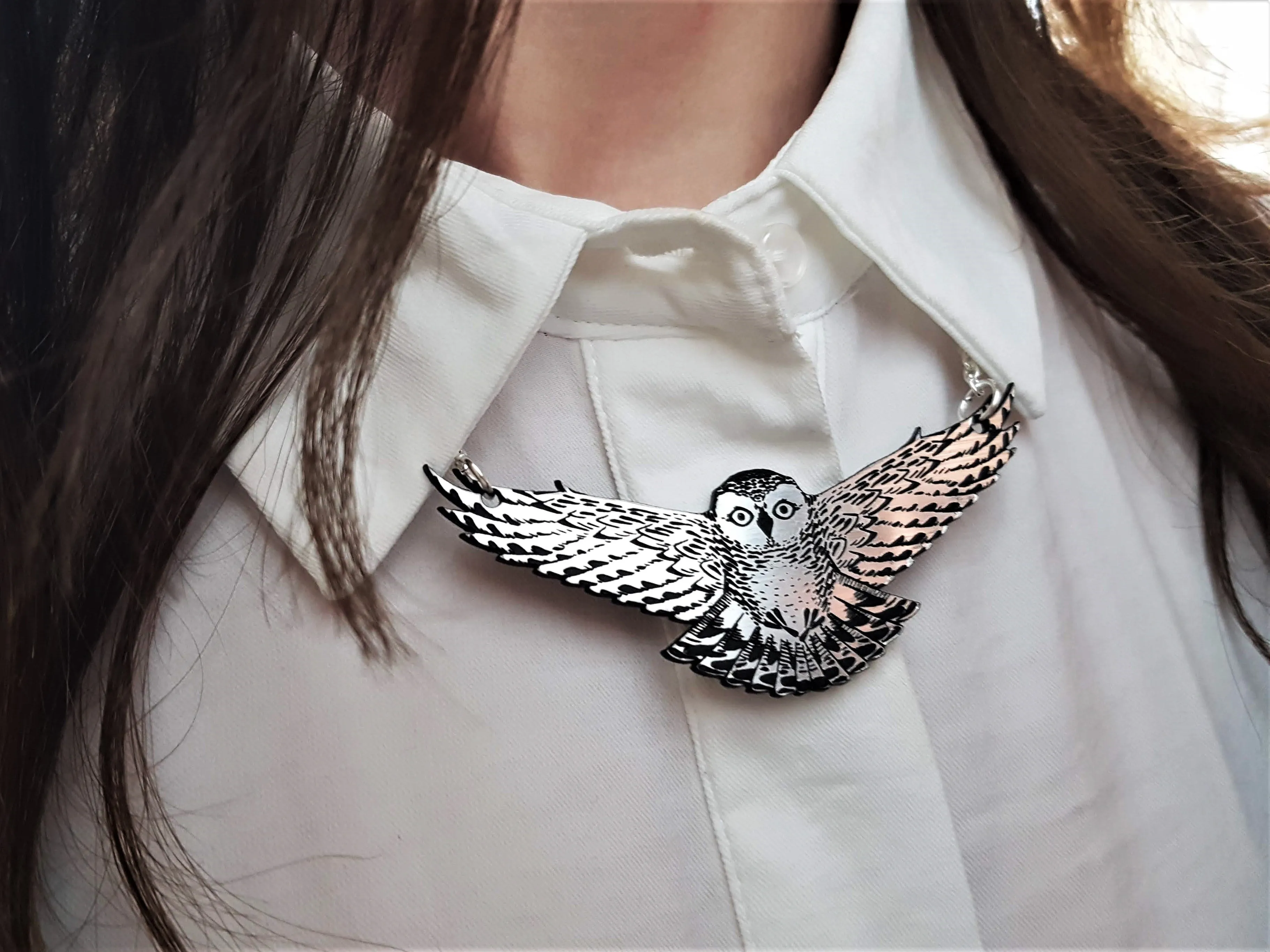 Silver Swooping Snowy Owl Necklace